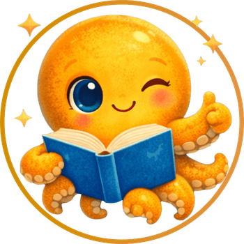 Nomi the octopus — NonstopMinds mascot reading a book