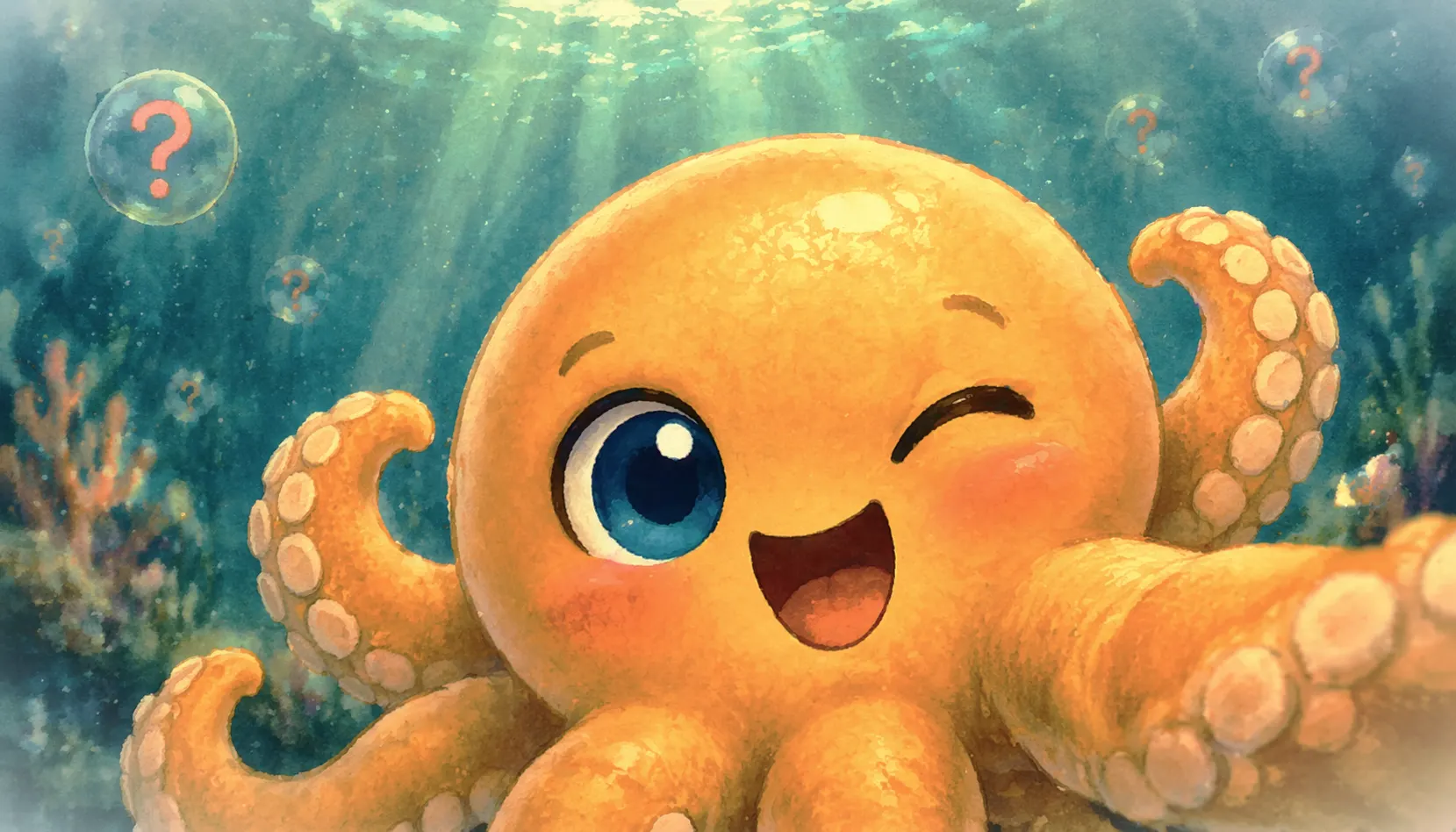 Nomi the octopus smiling underwater